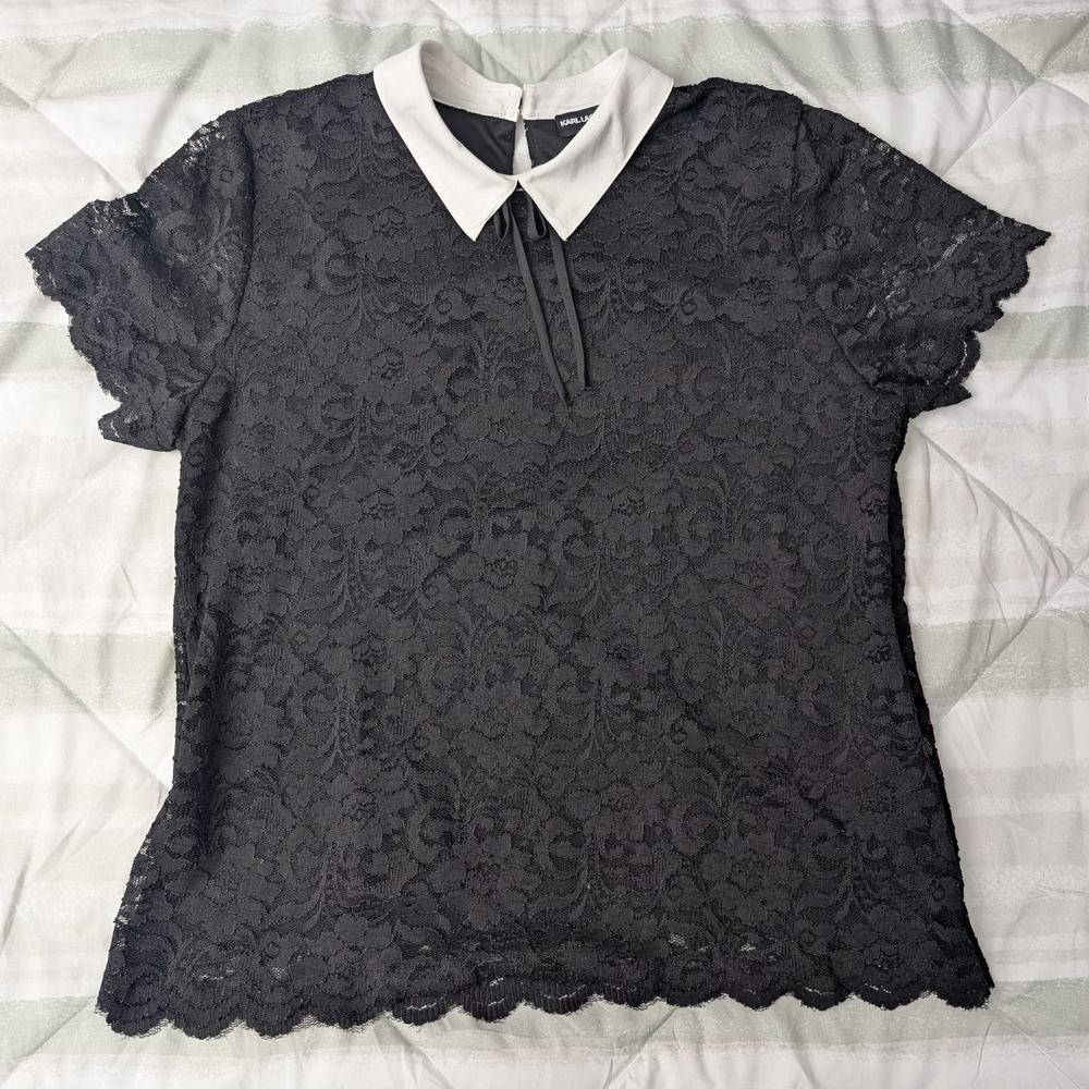 Elegant Black Lace Top with White Collar